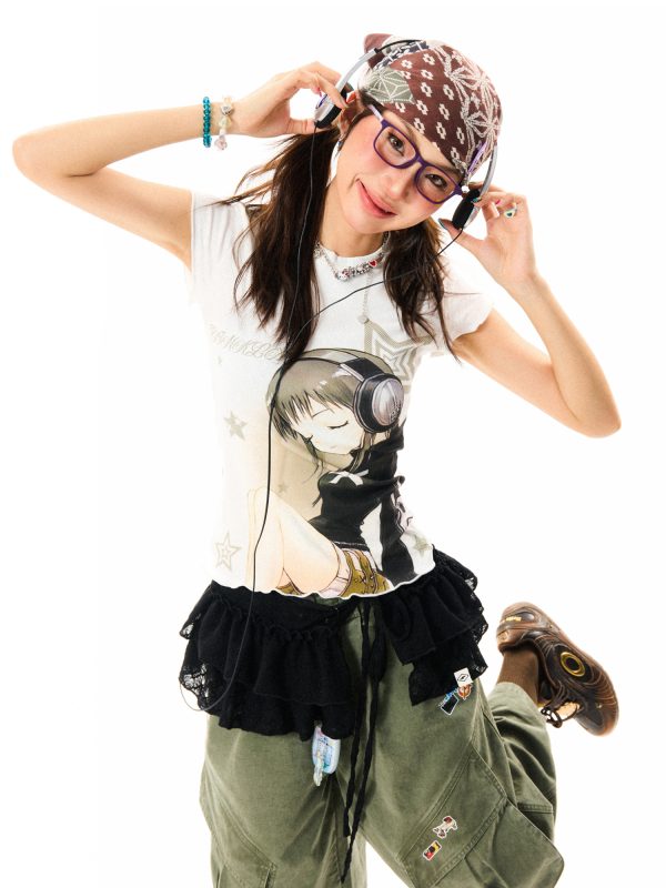 Headphone Girl Graphic Short Sleeve T-Shirt for Women - Lightweight Slim Fit Summer Top in Trendy Y2K Style