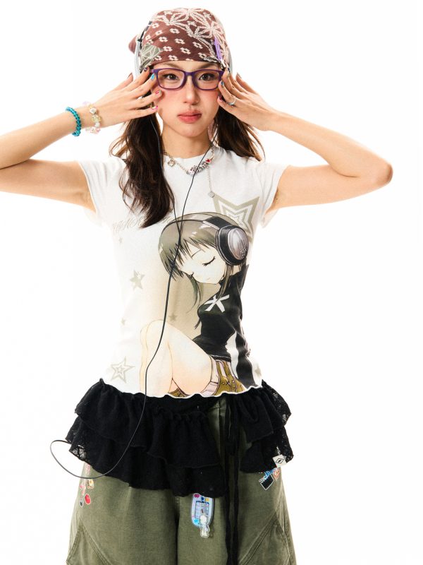 Headphone Girl Graphic Short Sleeve T-Shirt for Women - Lightweight Slim Fit Summer Top in Trendy Y2K Style