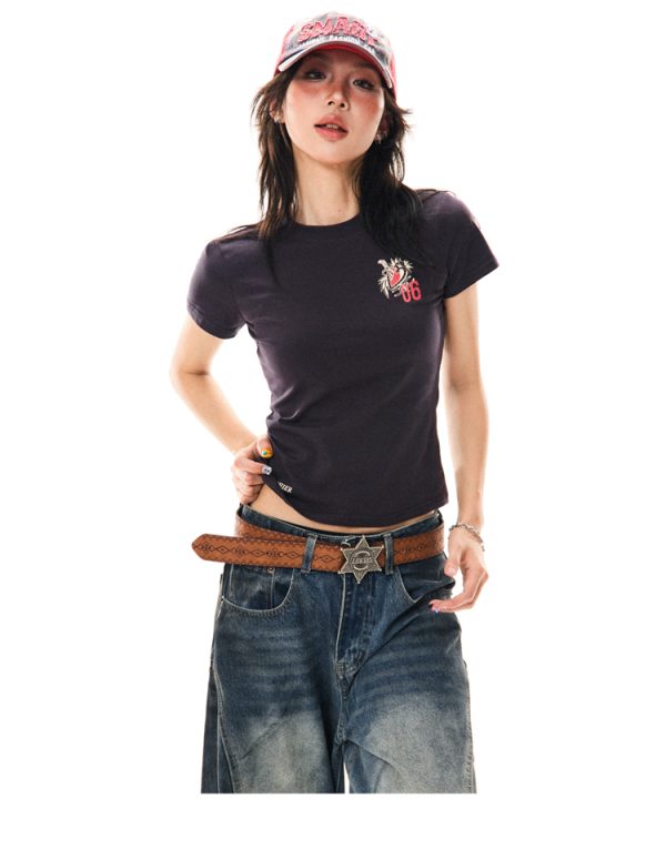 Heartbeat Cycle Letter Print Short Sleeve T-Shirt for Women - Summer Slim Fit Casual Top, Y2K Inspired Fashion