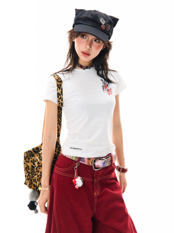 Heartbeat Cycle Letter Print Short Sleeve T-Shirt for Women - Summer Slim Fit Casual Top, Y2K Inspired Fashion