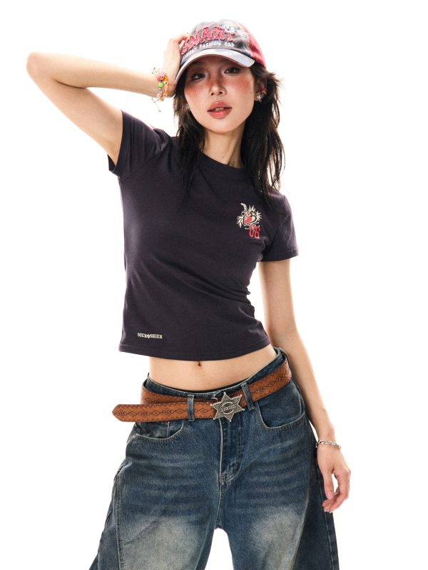 Heartbeat Cycle Letter Print Short Sleeve T-Shirt for Women - Summer Slim Fit Casual Top, Y2K Inspired Fashion