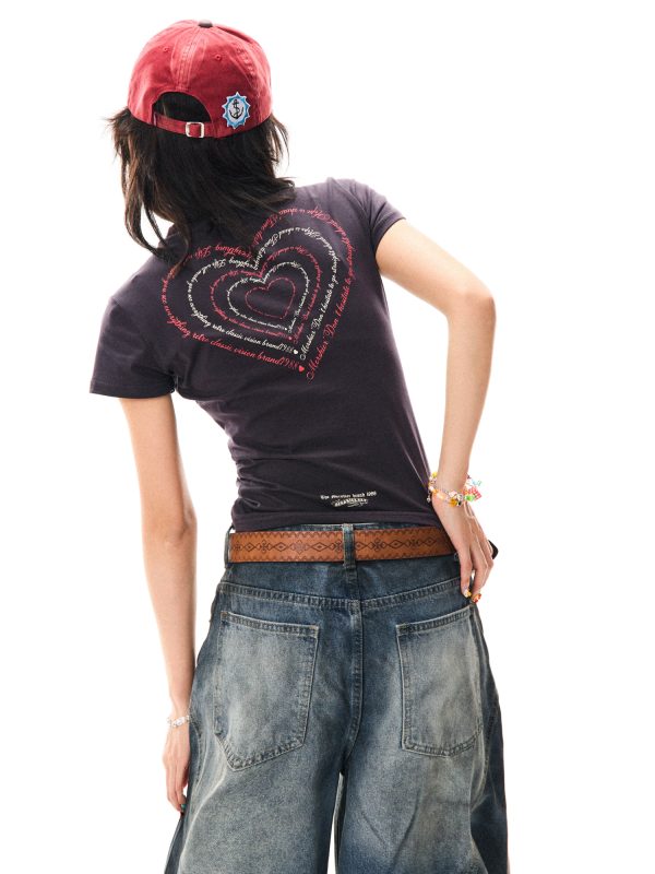 Heartbeat Cycle Letter Print Short Sleeve T-Shirt for Women - Summer Slim Fit Casual Top, Y2K Inspired Fashion