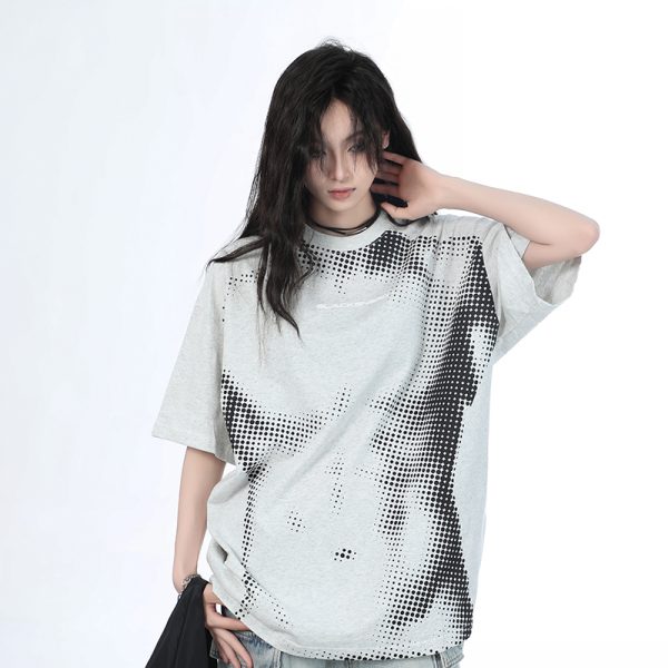 Heavy-Duty American-Style Gray Short Sleeve T-Shirt for Women - Sit and Eat Until the Mountains Are Empty - Casual Loose Fit