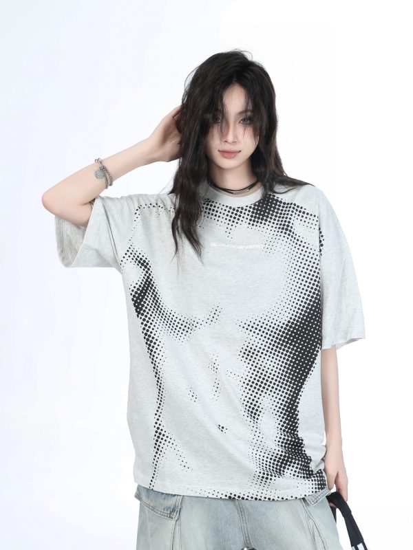 Heavy-Duty American-Style Gray Short Sleeve T-Shirt for Women - Sit and Eat Until the Mountains Are Empty - Casual Loose Fit