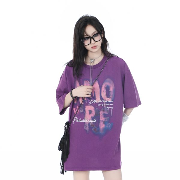 Heavy-Duty Washed Cotton Short-Sleeve T-Shirt for Women - American Trendy Summer Loose Fit, INS Style, Casual Mountain Print