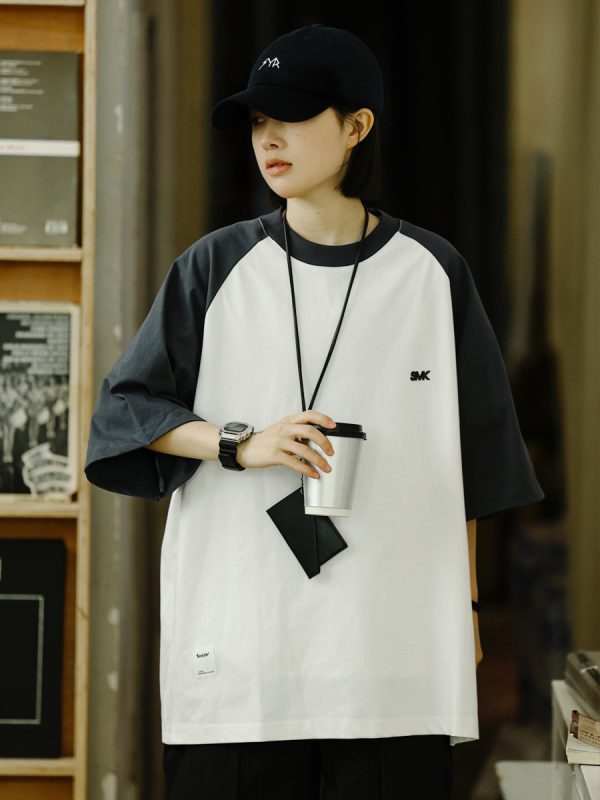 Heavyweight 280g Patchwork Retro T-Shirt for Men, Raglan Sleeve Loose Japanese Style Short Sleeve Top, Summer Trend 90s Fashion