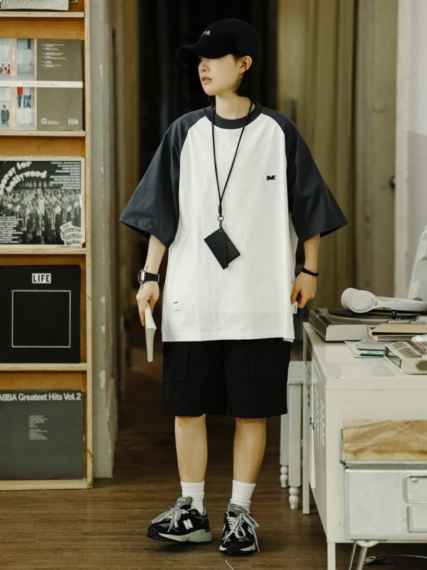 Heavyweight 280g Patchwork Retro T-Shirt for Men, Raglan Sleeve Loose Japanese Style Short Sleeve Top, Summer Trend 90s Fashion