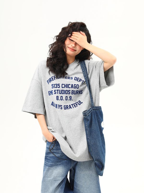 Heavyweight American Vintage Flocked Letter Short Sleeve T-Shirt for Women - Loose Fit, Versatile Summer Tee, 90s Inspired Fashion