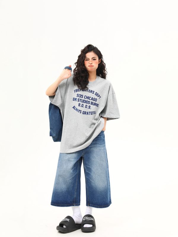 Heavyweight American Vintage Flocked Letter Short Sleeve T-Shirt for Women - Loose Fit, Versatile Summer Tee, 90s Inspired Fashion