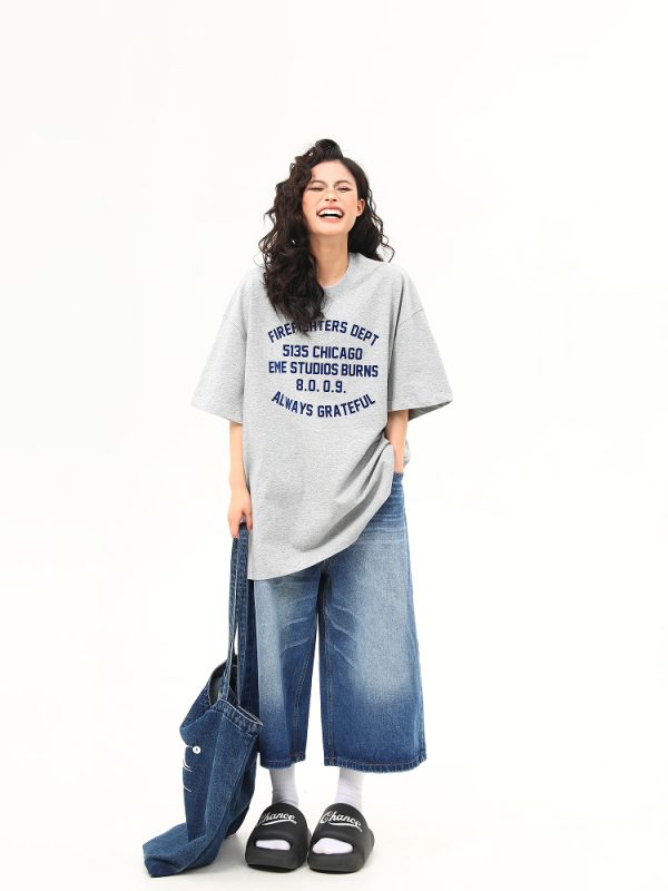 Heavyweight American Vintage Flocked Letter Short Sleeve T-Shirt for Women - Loose Fit, Versatile Summer Tee, 90s Inspired Fashion