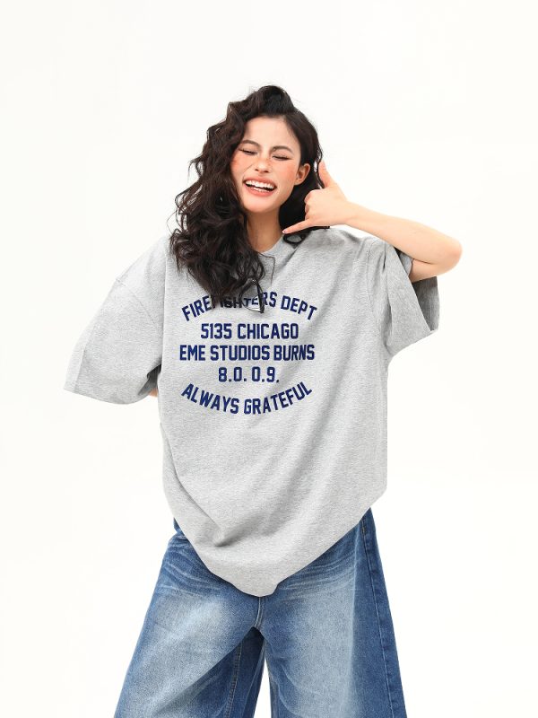 Heavyweight American Vintage Flocked Letter Short Sleeve T-Shirt for Women - Loose Fit, Versatile Summer Tee, 90s Inspired Fashion