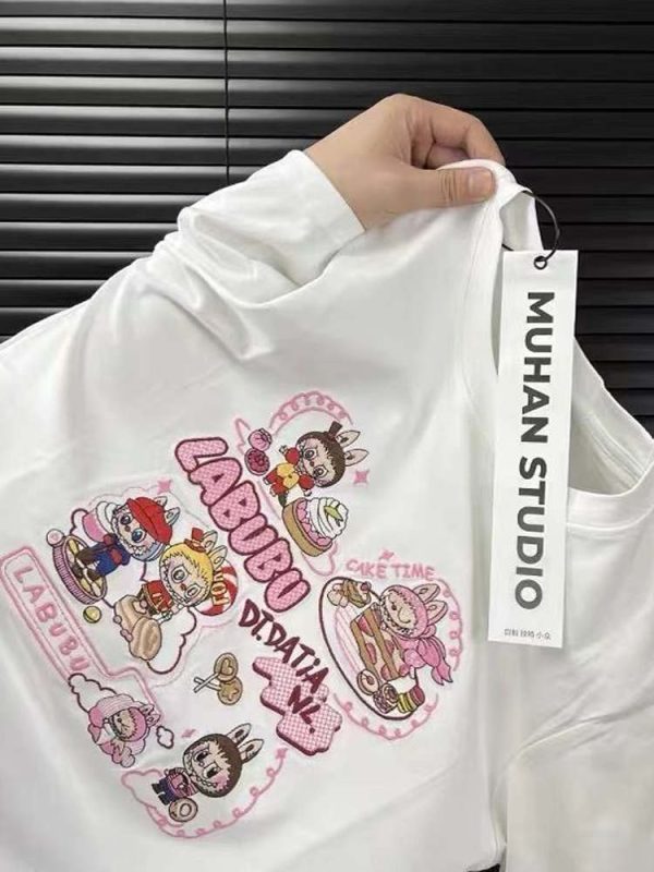 Heavyweight Embroidered Cartoon T-Shirt for Women - Cute Short Sleeve Summer Top in Gray - Age-Reducing Pure Cotton, 2025 Fashion
