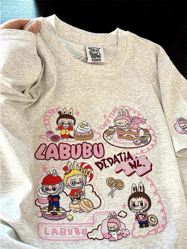 Heavyweight Embroidered Cartoon T-Shirt for Women - Cute Short Sleeve Summer Top in Gray - Age-Reducing Pure Cotton, 2025 Fashion