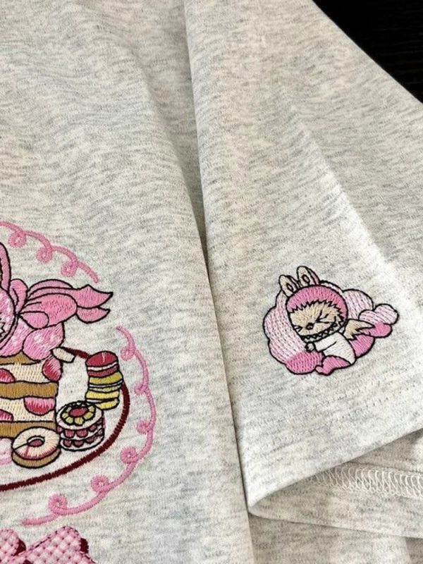 Heavyweight Embroidered Cartoon T-Shirt for Women - Cute Short Sleeve Summer Top in Gray - Age-Reducing Pure Cotton, 2025 Fashion