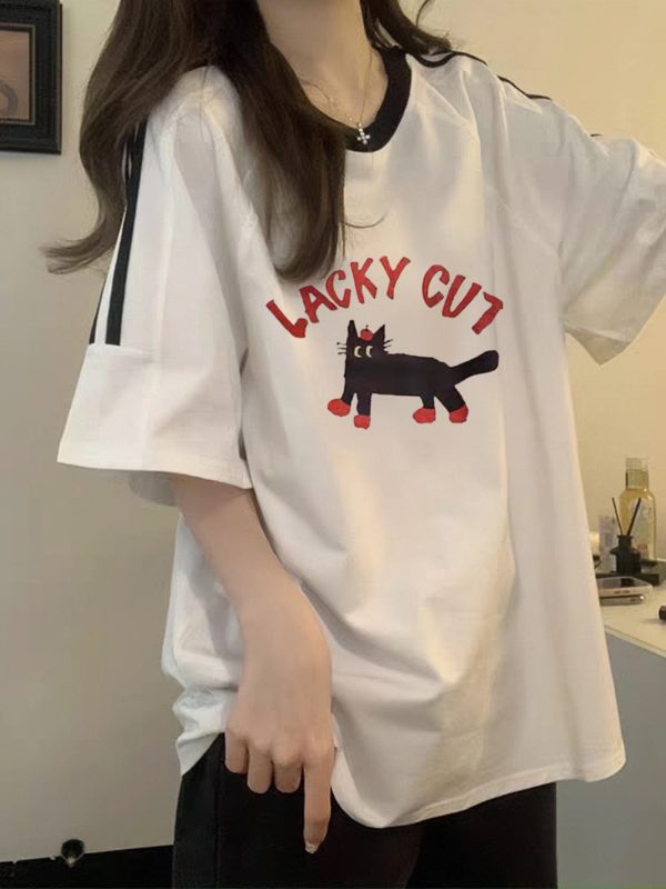 Heavyweight Pure Cotton White Short-Sleeve T-Shirt for Girls with Three Stripes and Spliced Design - Summer Raglan Top for Juniors