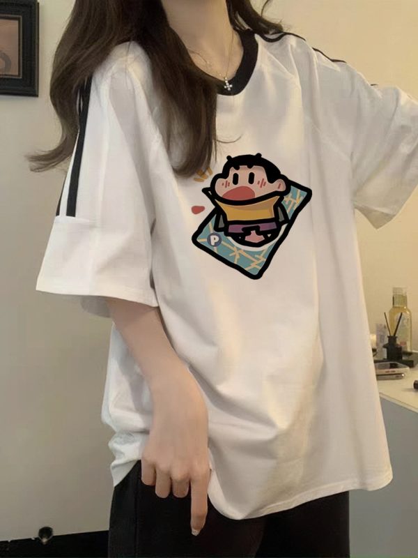 Heavyweight Pure Cotton White Short-Sleeve T-Shirt for Girls with Three Stripes and Spliced Design - Summer Raglan Top for Juniors