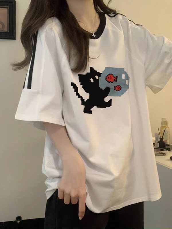 Heavyweight Pure Cotton White Short-Sleeve T-Shirt for Girls with Three Stripes and Spliced Design - Summer Raglan Top for Juniors