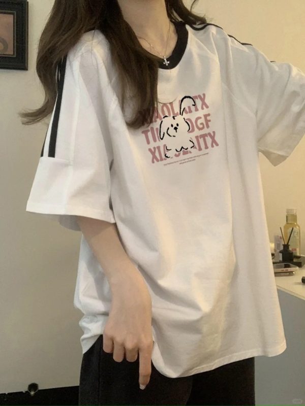 Heavyweight Pure Cotton White Short-Sleeve T-Shirt for Girls with Three Stripes and Spliced Design - Summer Raglan Top for Juniors