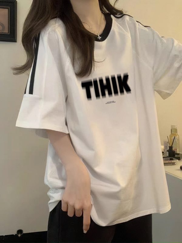 Heavyweight Pure Cotton White Short-Sleeve T-Shirt for Girls with Three Stripes and Spliced Design - Summer Raglan Top for Juniors