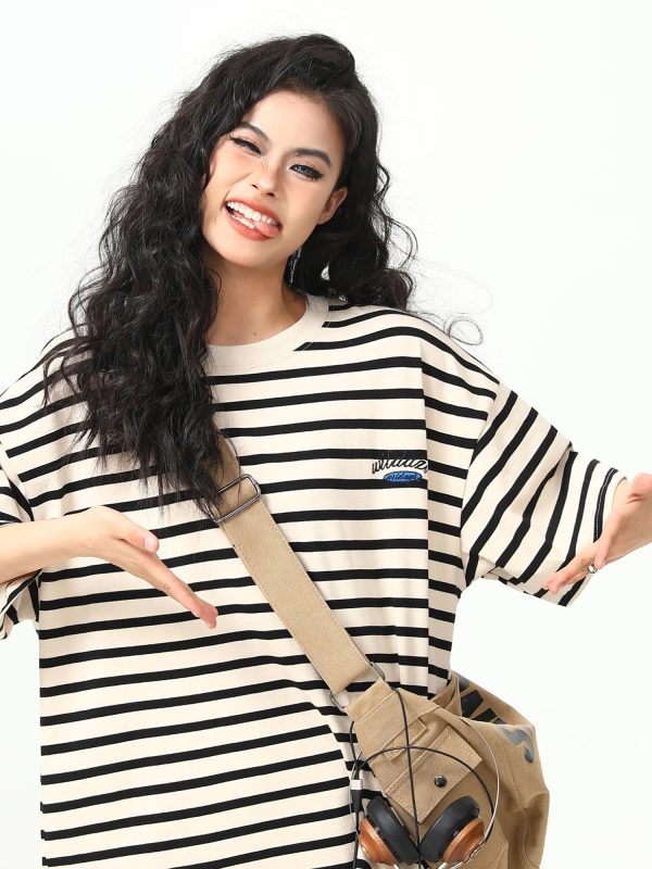 Heavyweight Striped Short Sleeve T-Shirt for Men and Women, Vintage 90s Loose Fit Couple Top, Versatile Casual Wear