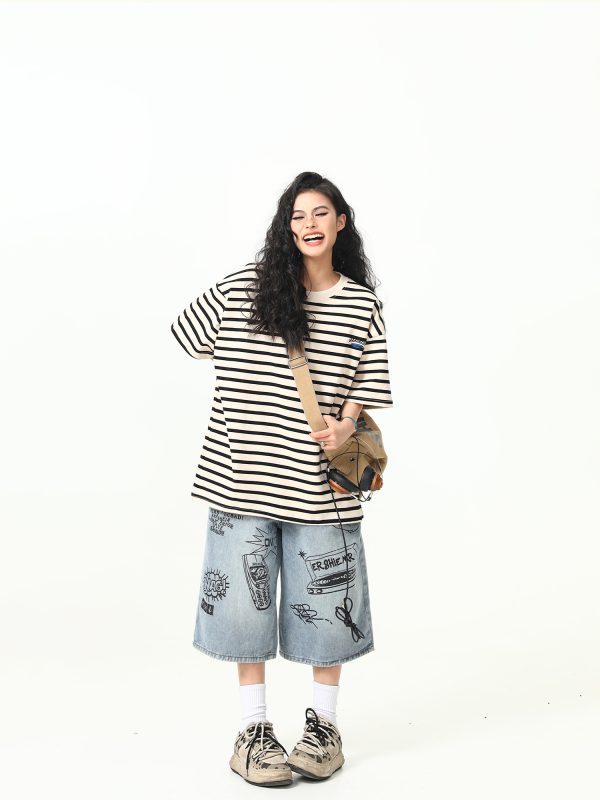 Heavyweight Striped Short Sleeve T-Shirt for Men and Women, Vintage 90s Loose Fit Couple Top, Versatile Casual Wear