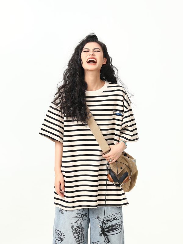 Heavyweight Striped Short Sleeve T-Shirt for Men and Women, Vintage 90s Loose Fit Couple Top, Versatile Casual Wear