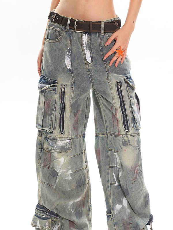 Heavyweight Water-Washed Vintage Multi-Pocket Straight-Leg Work Pants for Women - Summer Graffiti Loose Slimming Style