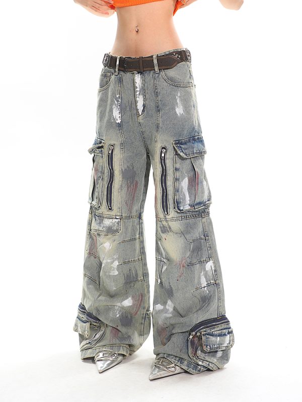 Heavyweight Water-Washed Vintage Multi-Pocket Straight-Leg Work Pants for Women - Summer Graffiti Loose Slimming Style