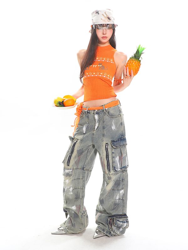 Heavyweight Water-Washed Vintage Multi-Pocket Straight-Leg Work Pants for Women - Summer Graffiti Loose Slimming Style