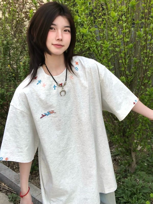 High-End American Minimalist Embroidered Letter Heavyweight Short Sleeve T-Shirt for Women - Summer 2025 Couple's Style Top
