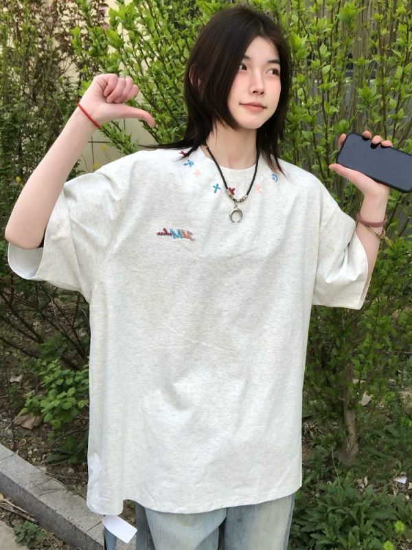 High-End American Minimalist Embroidered Letter Heavyweight Short Sleeve T-Shirt for Women - Summer 2025 Couple's Style Top