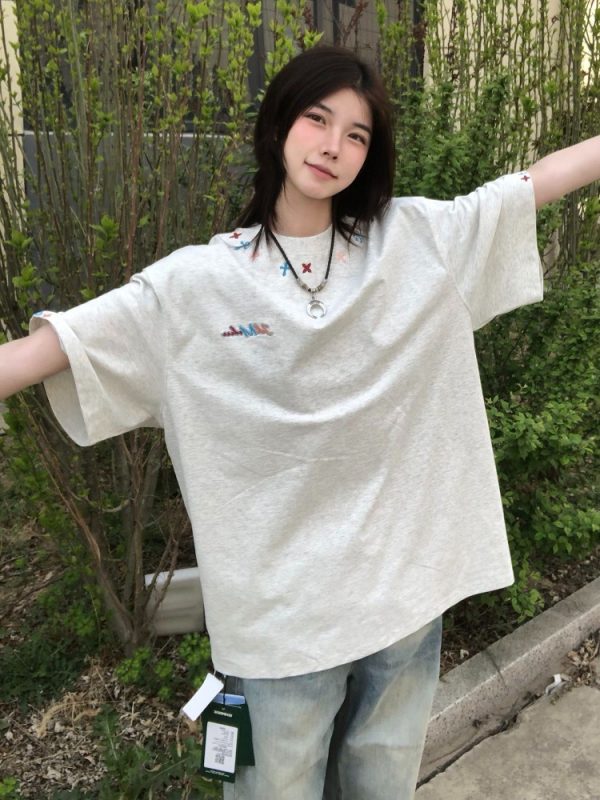 High-End American Minimalist Embroidered Letter Heavyweight Short Sleeve T-Shirt for Women - Summer 2025 Couple's Style Top