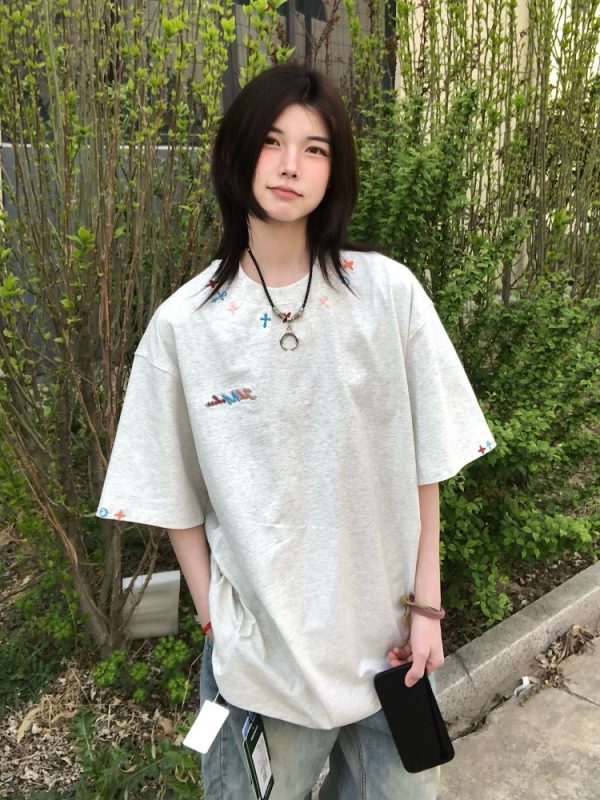 High-End American Minimalist Embroidered Letter Heavyweight Short Sleeve T-Shirt for Women - Summer 2025 Couple's Style Top
