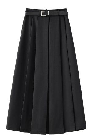 High-End Black High-Waisted Midi Skirt for Women - Slimming A-Line Pleated Design, Spring Summer 2025 Fashion Essential