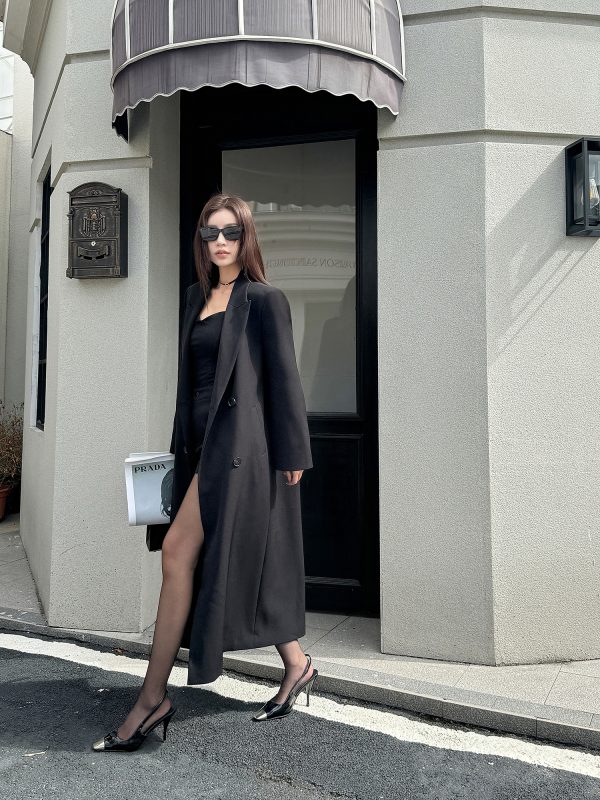 High-End Black Slimming Loose Mid-Length Double-Breasted Trench Coat for Women - Lightweight Spring Fashion