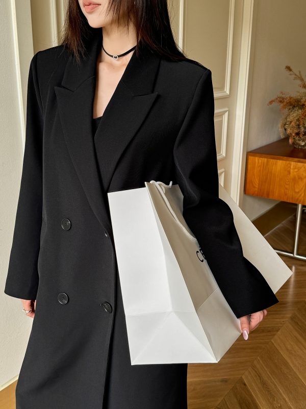 High-End Black Slimming Loose Mid-Length Double-Breasted Trench Coat for Women - Lightweight Spring Fashion