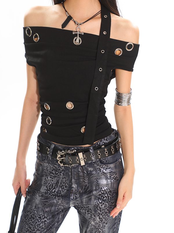 High-End Cool Spicy One-Shoulder Off-Shoulder Black Hollow Out Asymmetrical Top T-Shirt for Hot Girls - 90s Y2K Style