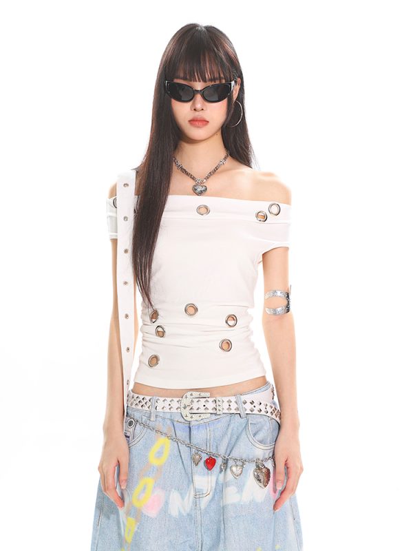 High-End Cool Spicy One-Shoulder Off-Shoulder Black Hollow Out Asymmetrical Top T-Shirt for Hot Girls - 90s Y2K Style