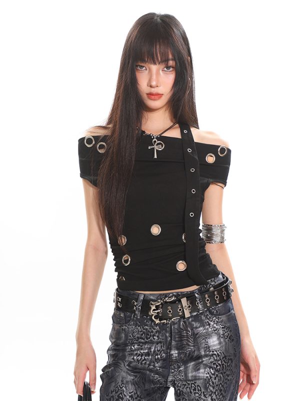 High-End Cool Spicy One-Shoulder Off-Shoulder Black Hollow Out Asymmetrical Top T-Shirt for Hot Girls - 90s Y2K Style