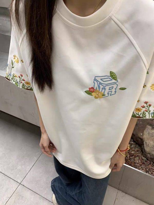 High-End Embroidered Floral Letter Short Sleeve T-Shirt for Women - Summer American Style Heavyweight Raglan Top