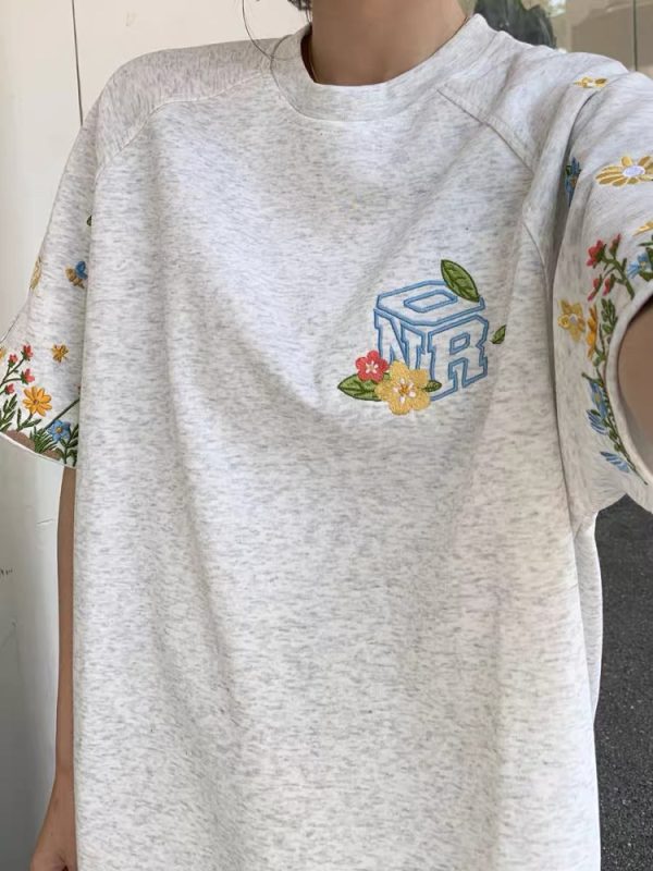 High-End Embroidered Floral Letter Short Sleeve T-Shirt for Women - Summer American Style Heavyweight Raglan Top