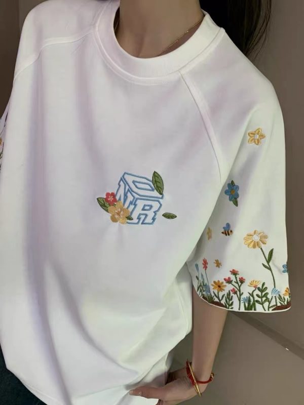 High-End Embroidered Floral Letter Short Sleeve T-Shirt for Women - Summer American Style Heavyweight Raglan Top