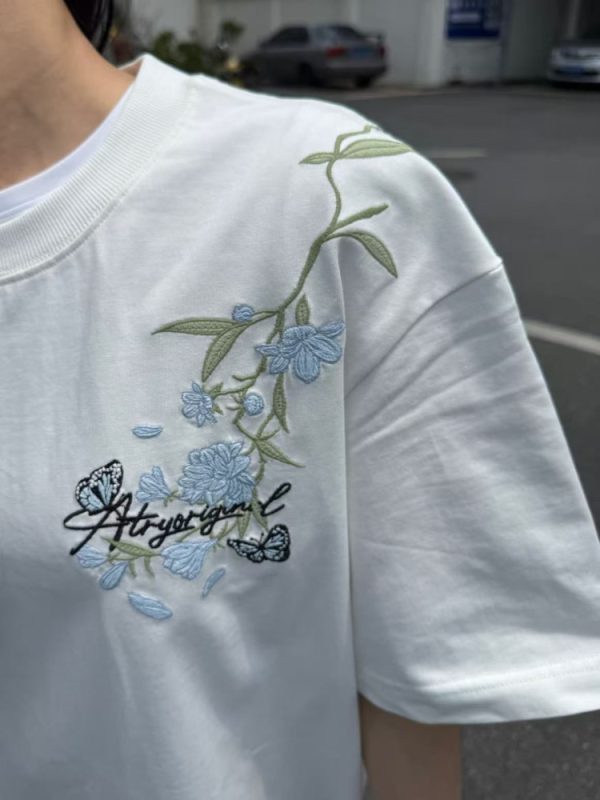 High-End Embroidered Orchid Butterfly Short-Sleeve T-Shirt for Women - Summer American Style Unique Couple Top