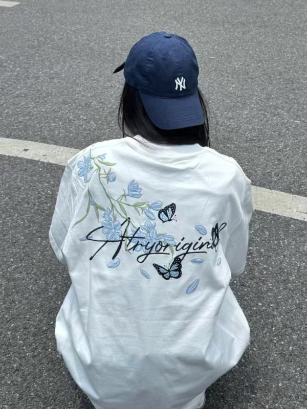 High-End Embroidered Orchid Butterfly Short-Sleeve T-Shirt for Women - Summer American Style Unique Couple Top