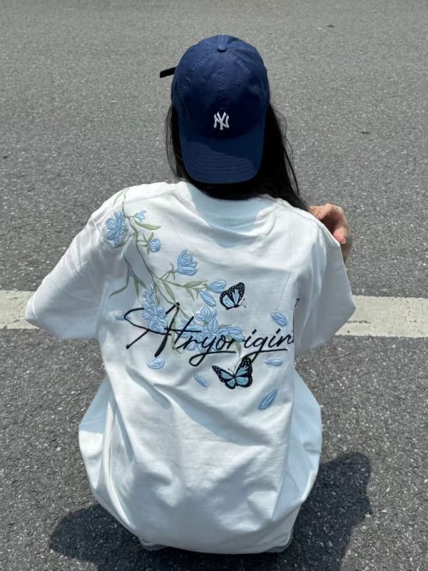 High-End Embroidered Orchid Butterfly Short-Sleeve T-Shirt for Women - Summer American Style Unique Couple Top
