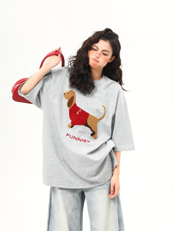 High-End Fabric American Retro Sausage Dog Embroidery Short-Sleeve T-Shirt for Women - Loose Fit Versatile Style