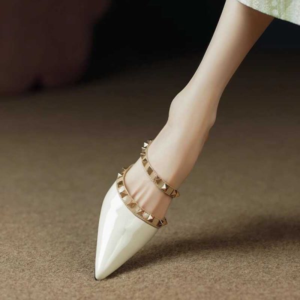 High-End Fashion Genuine Leather Studded Open-Toe Slippers for Women - Soft Mid-Heel, Italian Style, Trendy Footwear