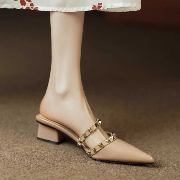 High-End Fashion Genuine Leather Studded Open-Toe Slippers for Women - Soft Mid-Heel, Italian Style, Trendy Footwear
