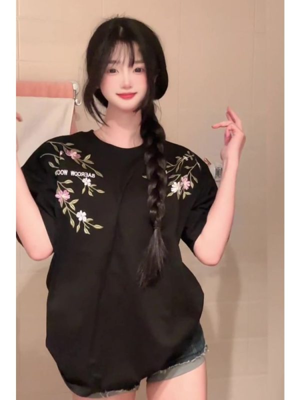High-End Floral Embroidery Short Sleeve T-Shirt for Women - Chinese Style Black Top, Summer 90s Couple Outfit