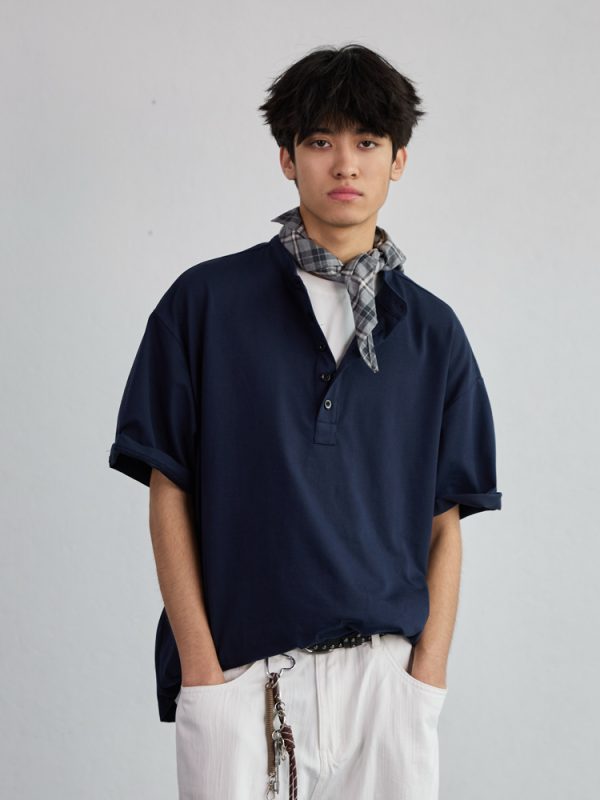 High-End Heavyweight Oversized Henley Collar Short Sleeve T-Shirt for Men - Loose Fit Round Neck Tee - Y2K Summer Style